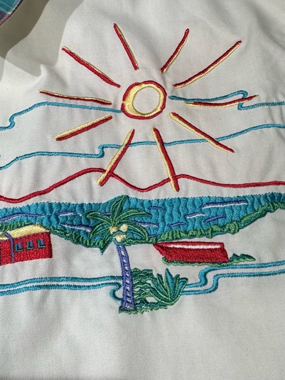 Vintage White Embroidered Coastal Scene Short-Sleeve Button-Down Shirt Size 10 - Picture 6 of 11